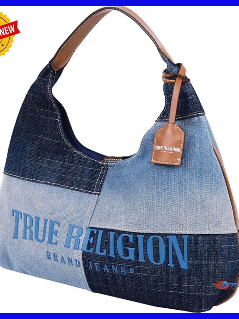 Patchwork Denim Hobo Bag, Oversized Logo, Magnetic Closure, Shoulder Purse